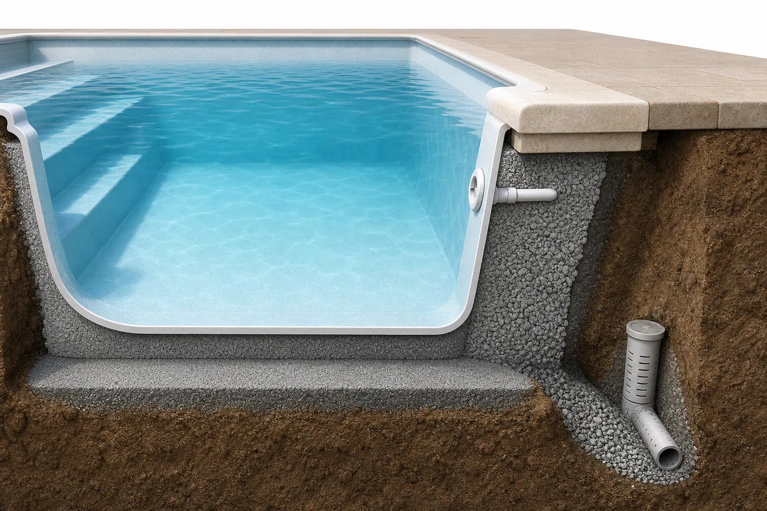 Illustrative cross-section of fibreglass pool bedding, shell, backfill and drainage
