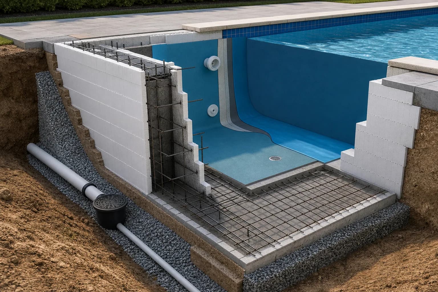 ICF pool cross-section showing insulating forms, reinforced concrete core, base slab, membrane and drainage